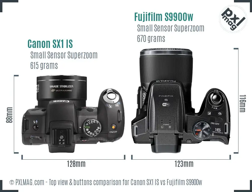 Canon SX1 IS vs Fujifilm S9900w top view buttons comparison