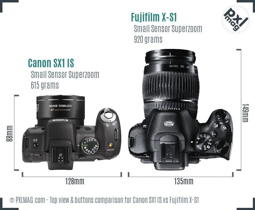 Canon SX1 IS vs Fujifilm X-S1 top view buttons comparison