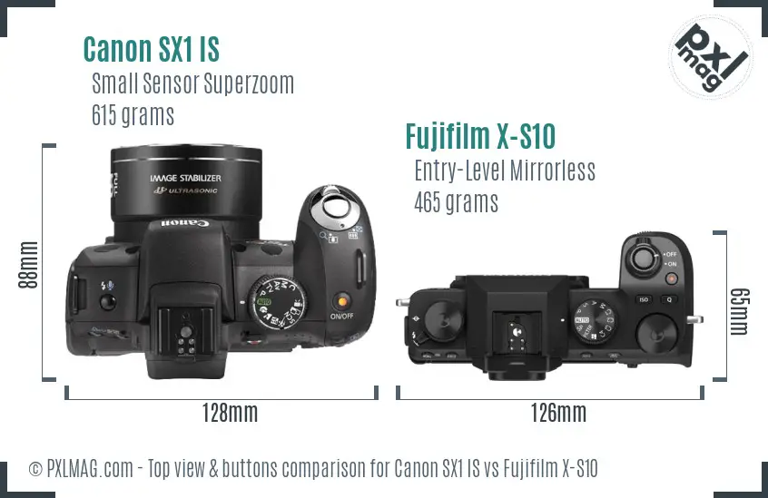 Canon SX1 IS vs Fujifilm X-S10 top view buttons comparison