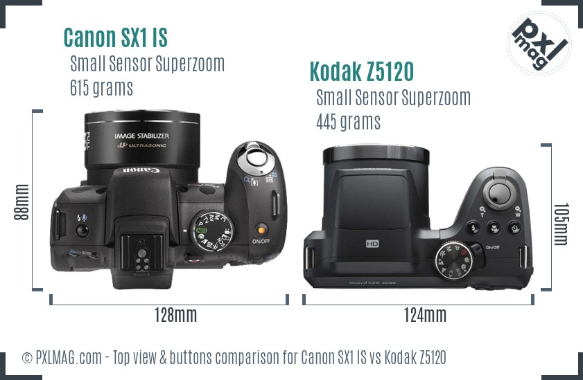 Canon SX1 IS vs Kodak Z5120 top view buttons comparison