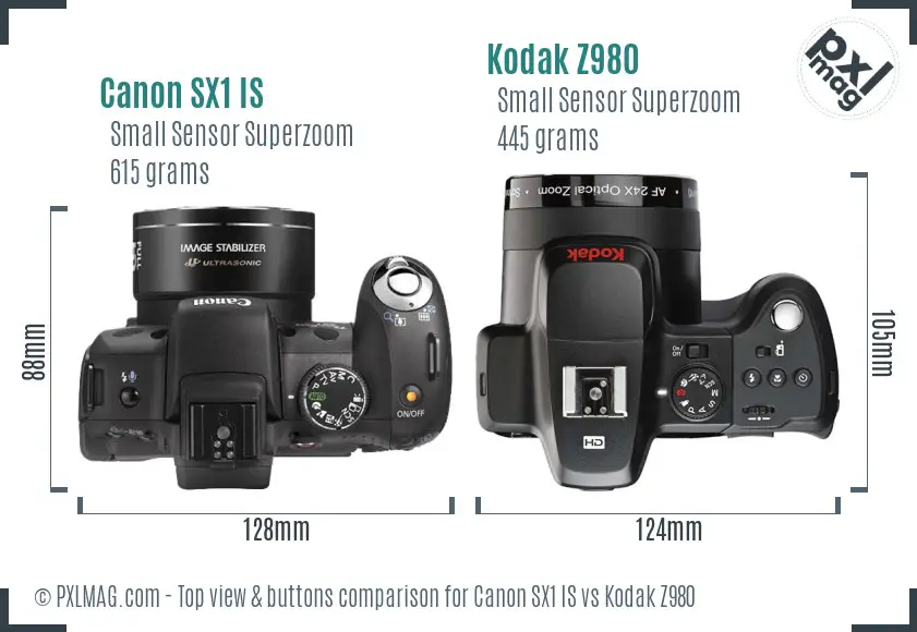 Canon SX1 IS vs Kodak Z980 top view buttons comparison