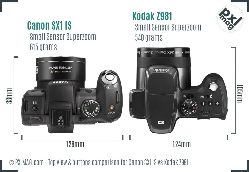 Canon SX1 IS vs Kodak Z981 top view buttons comparison
