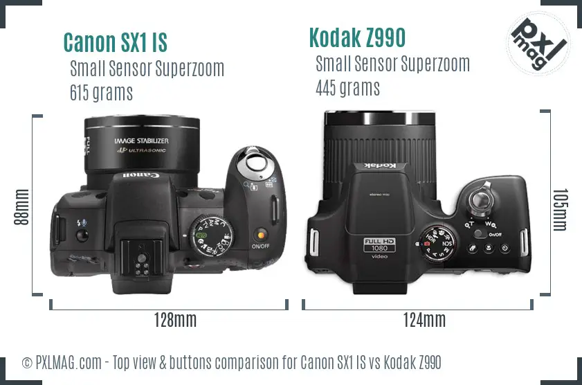 Canon SX1 IS vs Kodak Z990 top view buttons comparison