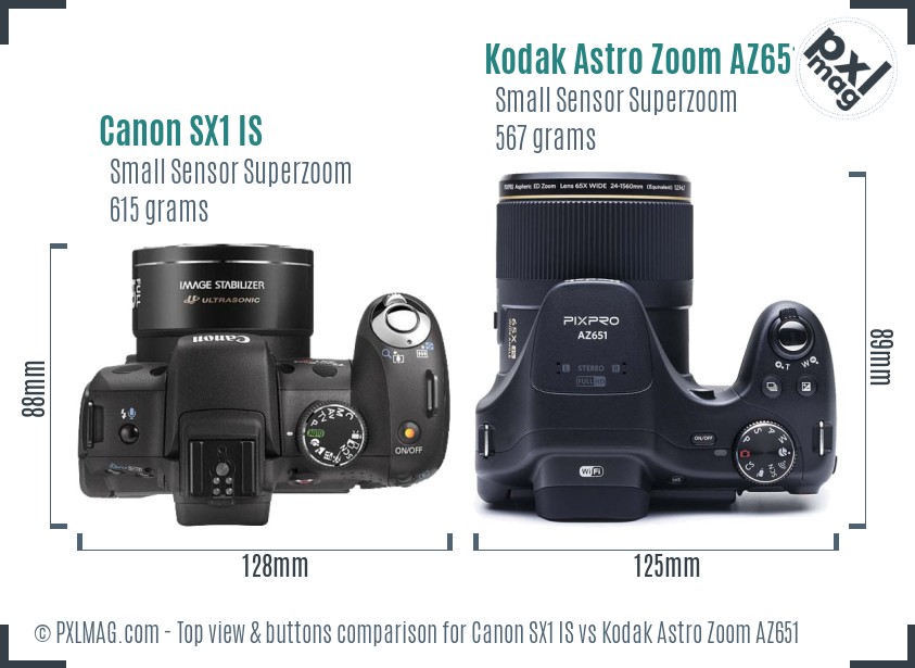 Canon SX1 IS vs Kodak Astro Zoom AZ651 top view buttons comparison