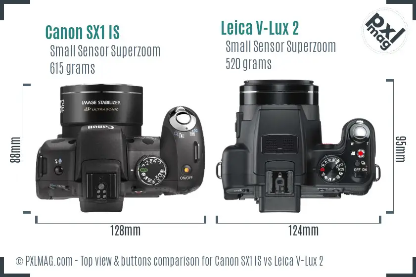 Canon SX1 IS vs Leica V-Lux 2 top view buttons comparison Canon SX1 IS vs Leica V-Lux 2 top view buttons comparison