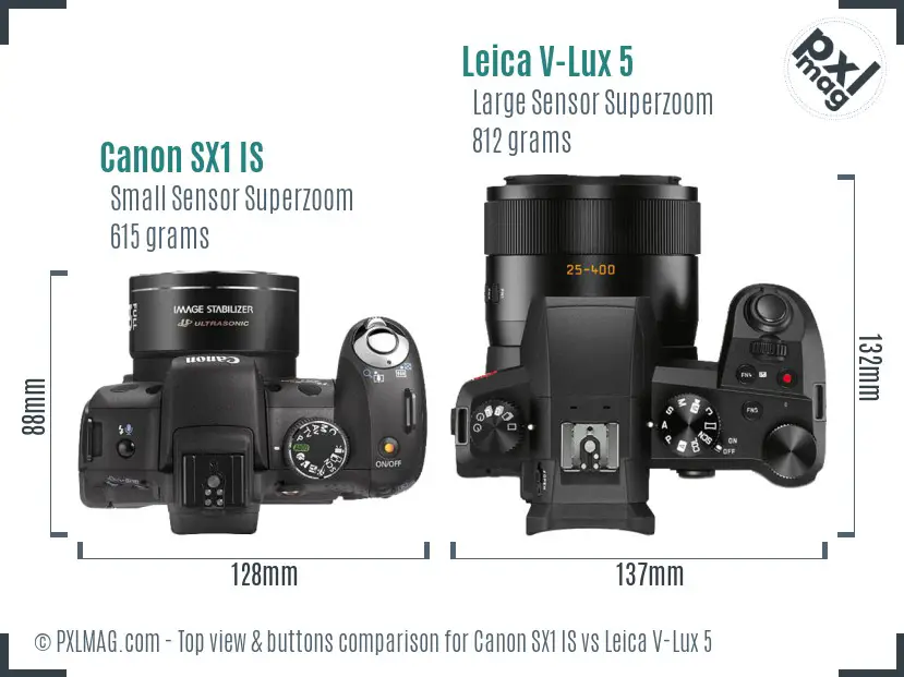 Canon SX1 IS vs Leica V-Lux 5 top view buttons comparison