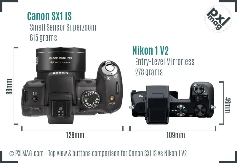 Canon SX1 IS vs Nikon 1 V2 top view buttons comparison