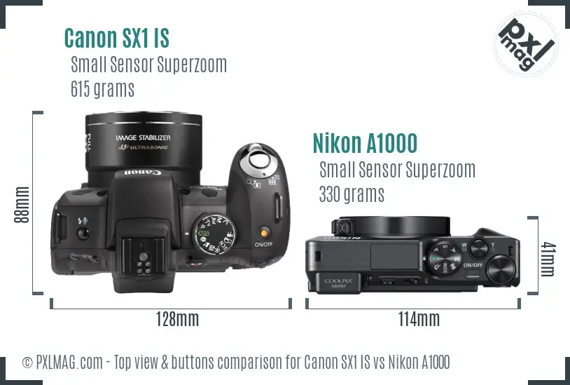 Canon SX1 IS vs Nikon A1000 top view buttons comparison