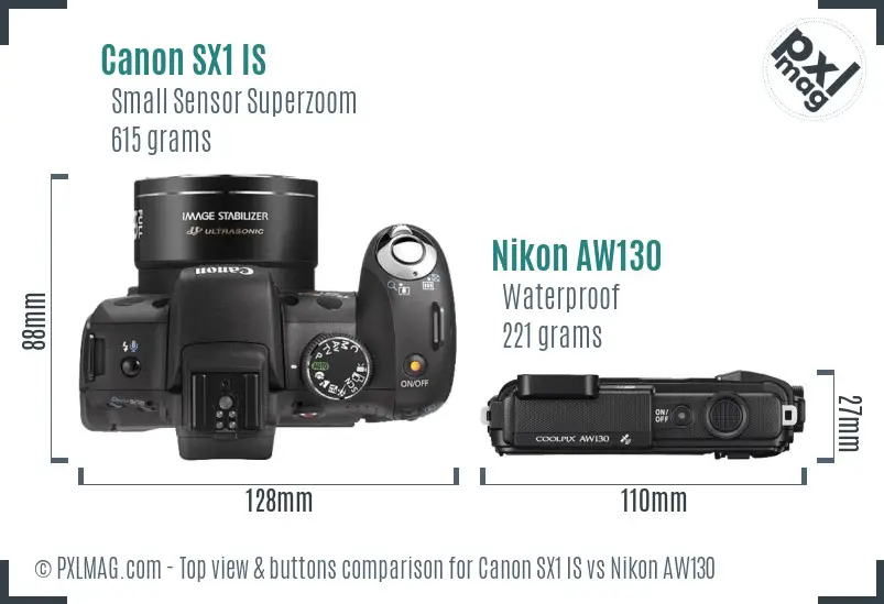 Canon SX1 IS vs Nikon AW130 top view buttons comparison