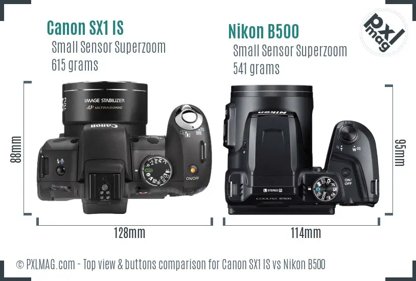 Canon SX1 IS vs Nikon B500 top view buttons comparison
