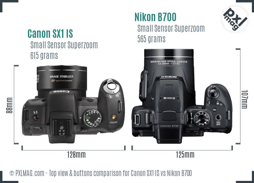 Canon SX1 IS vs Nikon B700 top view buttons comparison