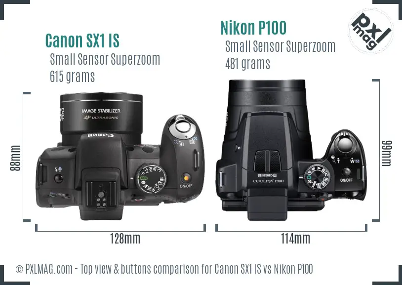 Canon SX1 IS vs Nikon P100 top view buttons comparison