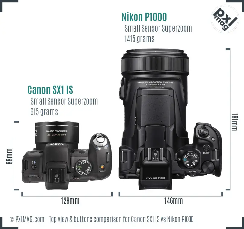 Canon SX1 IS vs Nikon P1000 top view buttons comparison