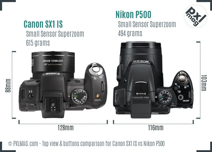 Canon SX1 IS vs Nikon P500 top view buttons comparison