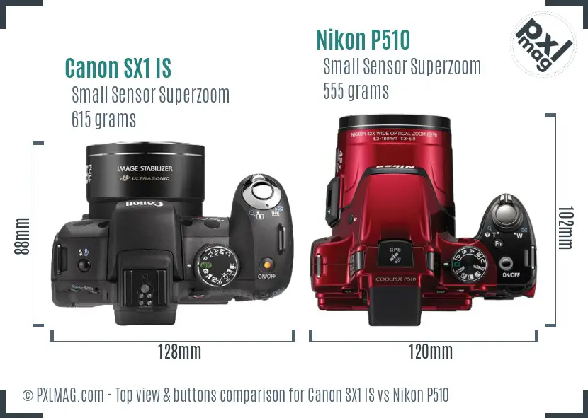 Canon SX1 IS vs Nikon P510 top view buttons comparison