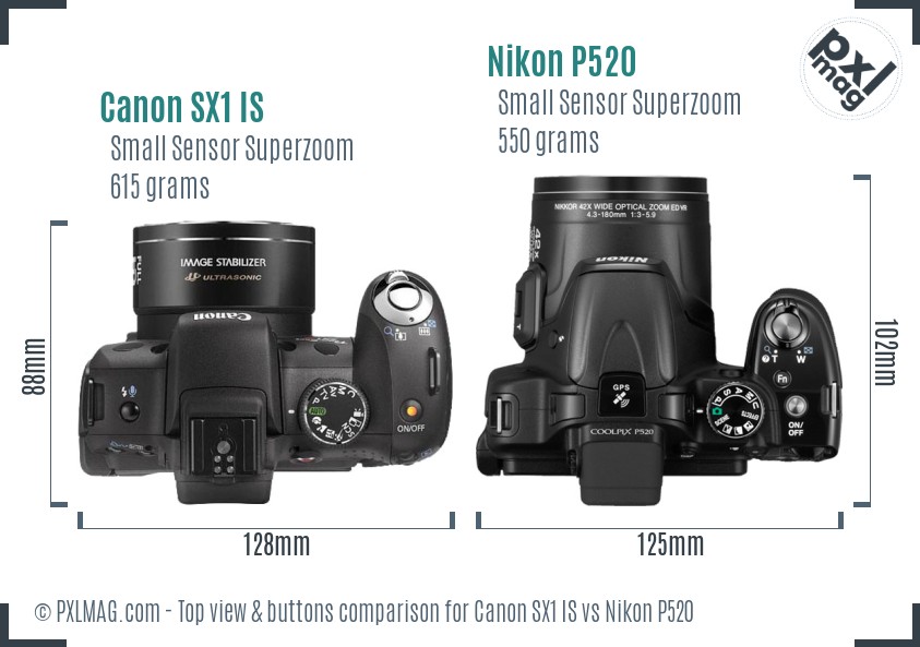 Canon SX1 IS vs Nikon P520 top view buttons comparison
