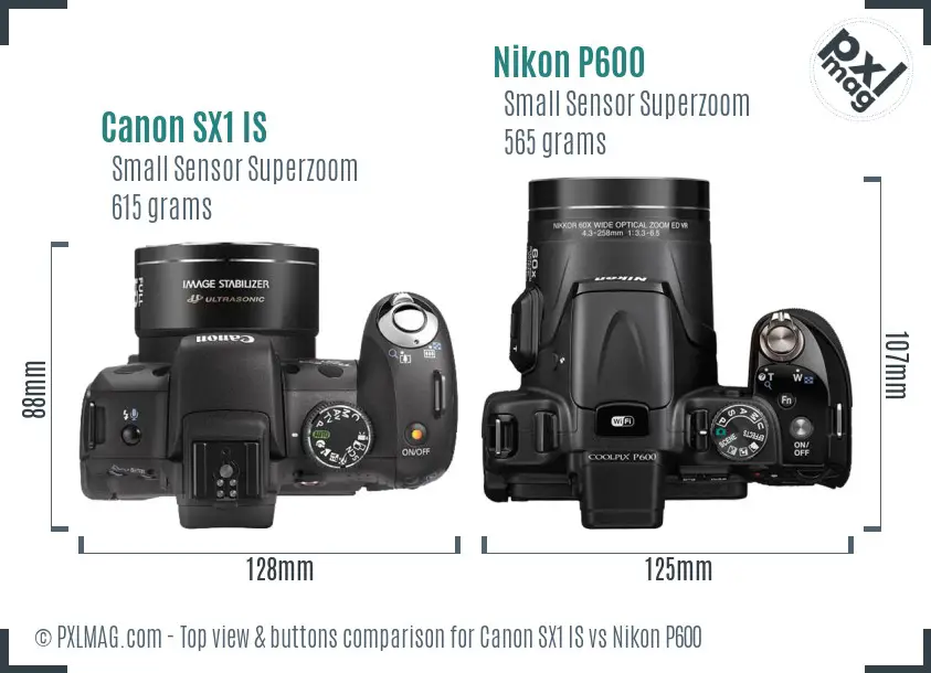 Canon SX1 IS vs Nikon P600 top view buttons comparison