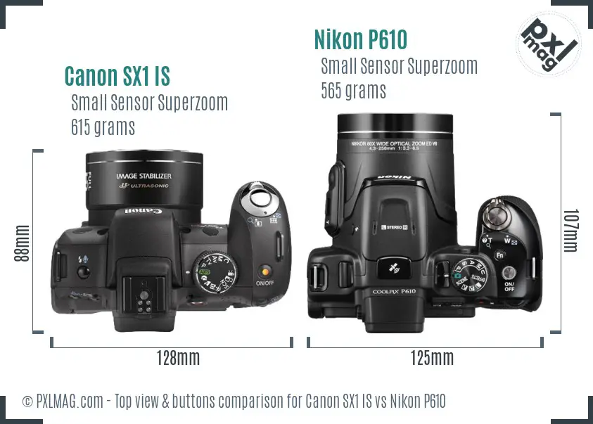Canon SX1 IS vs Nikon P610 top view buttons comparison