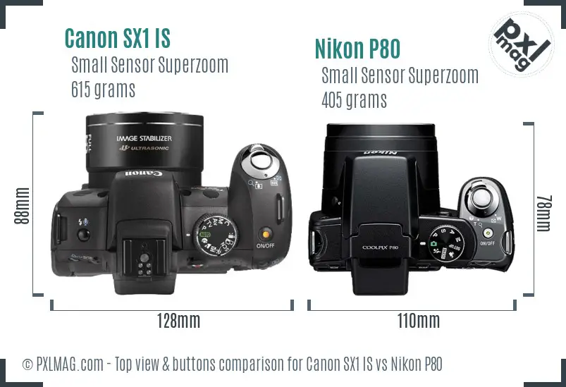 Canon SX1 IS vs Nikon P80 top view buttons comparison