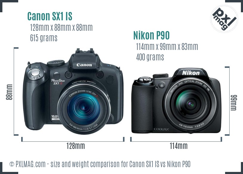 Canon SX1 IS vs Nikon P90 size comparison Canon SX1 IS vs Nikon P90 size comparison