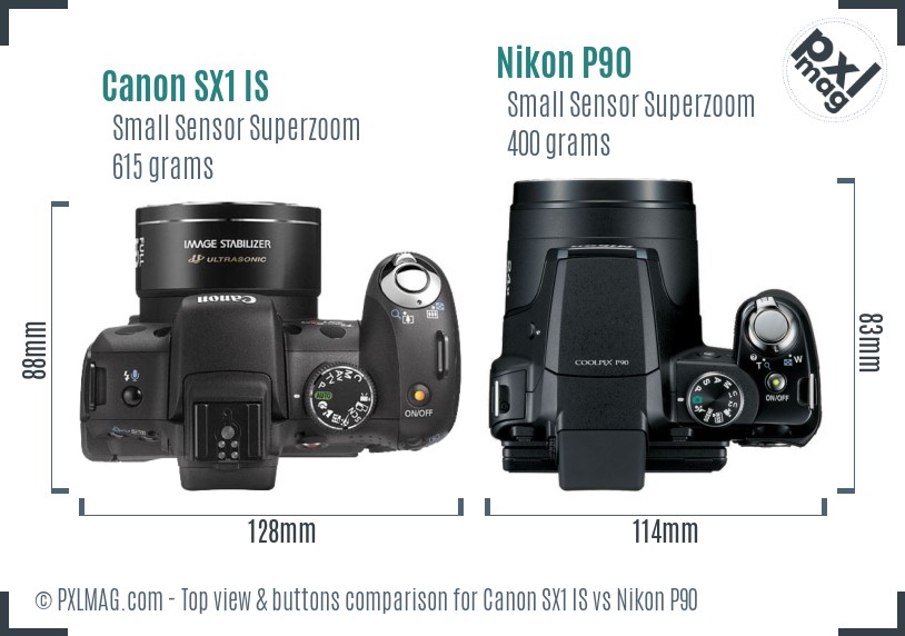 Canon SX1 IS vs Nikon P90 top view buttons comparison