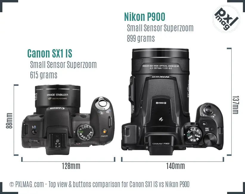 Canon SX1 IS vs Nikon P900 top view buttons comparison Canon SX1 IS vs Nikon P900 top view buttons comparison