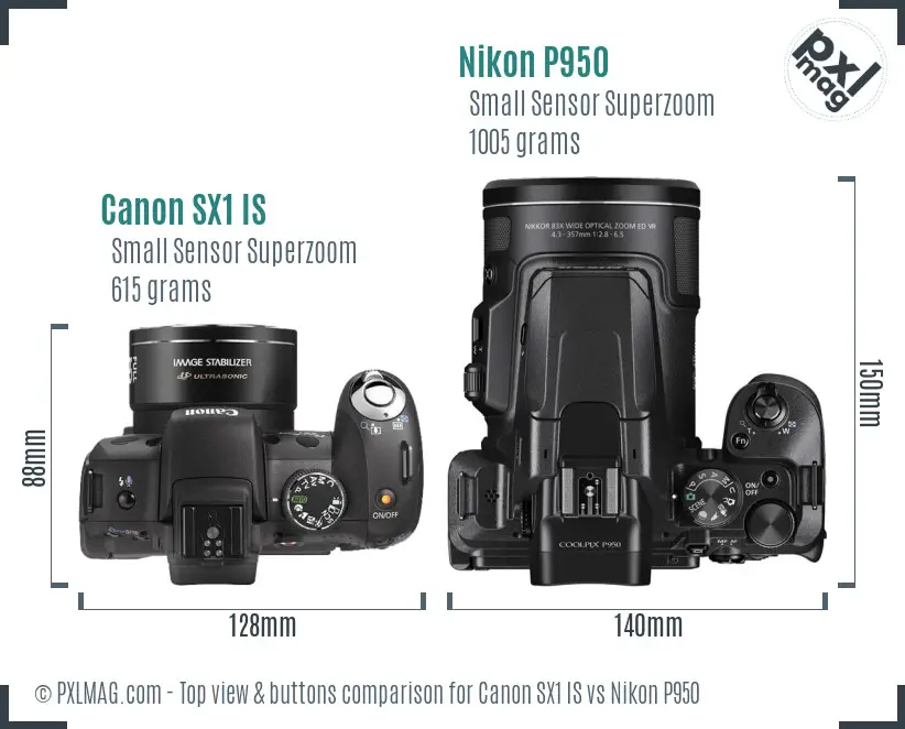 Canon SX1 IS vs Nikon P950 top view buttons comparison
