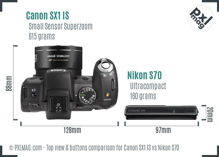 Canon SX1 IS vs Nikon S70 top view buttons comparison
