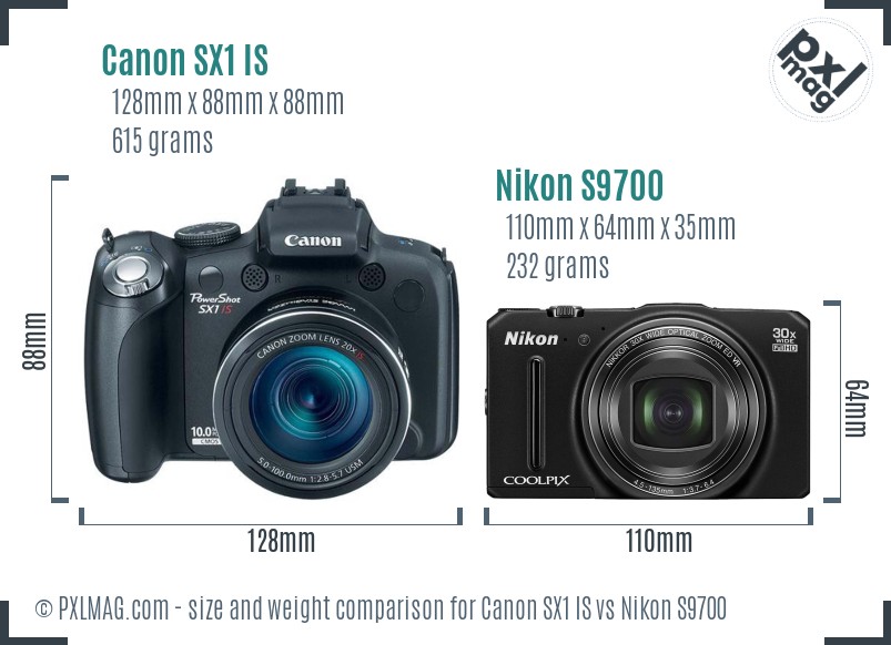 Canon SX1 IS vs Nikon S9700 size comparison Canon SX1 IS vs Nikon S9700 size comparison