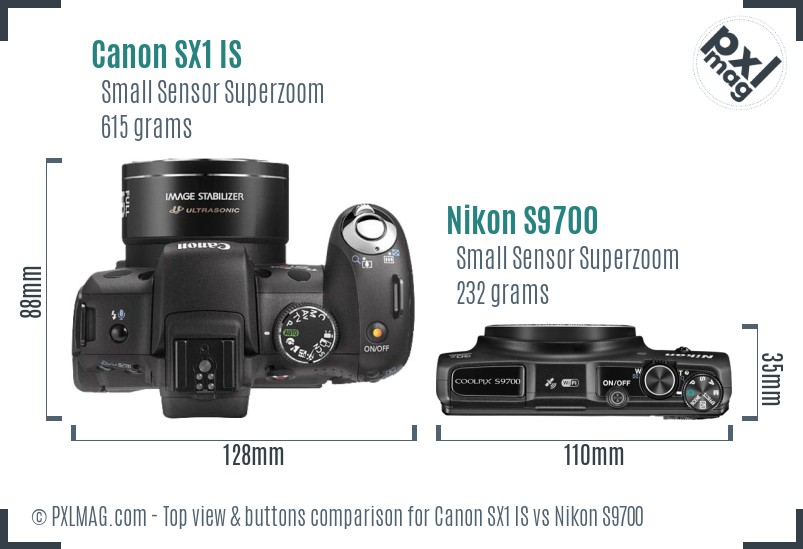 Canon SX1 IS vs Nikon S9700 top view buttons comparison
