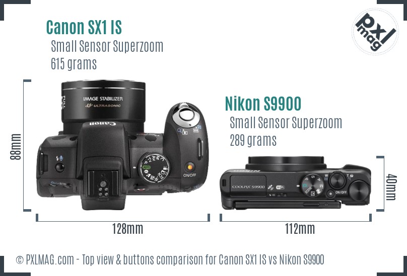 Canon SX1 IS vs Nikon S9900 top view buttons comparison