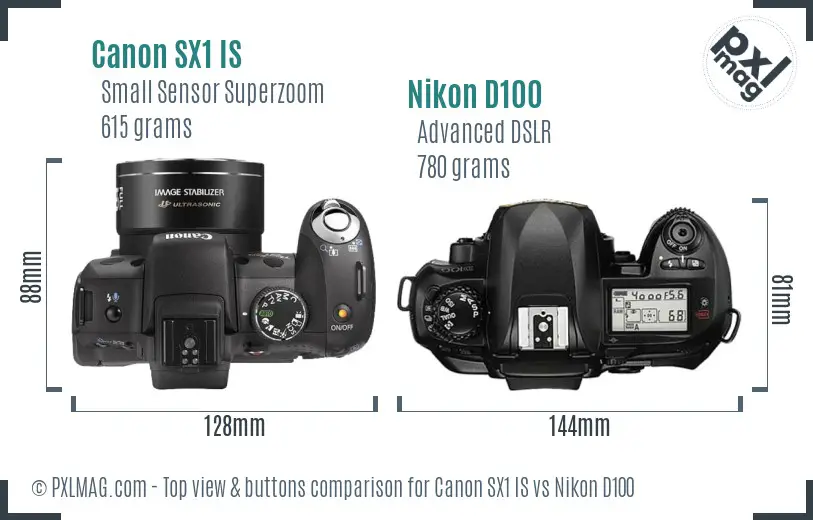 Canon SX1 IS vs Nikon D100 top view buttons comparison