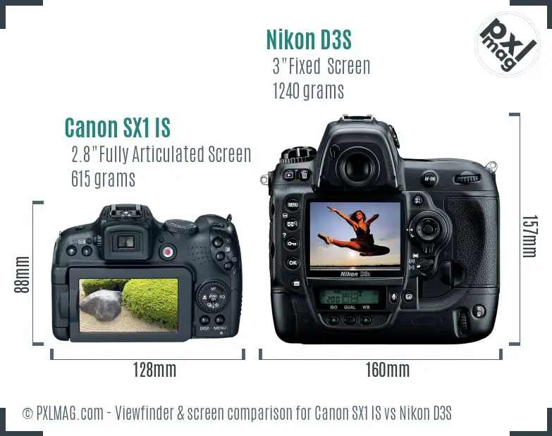 Canon SX1 IS vs Nikon D3S Screen and Viewfinder comparison