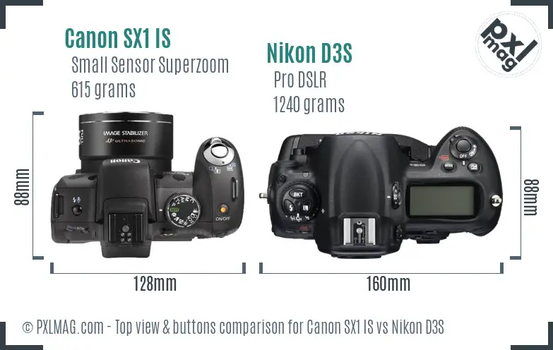 Canon SX1 IS vs Nikon D3S top view buttons comparison