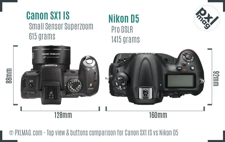 Canon SX1 IS vs Nikon D5 top view buttons comparison