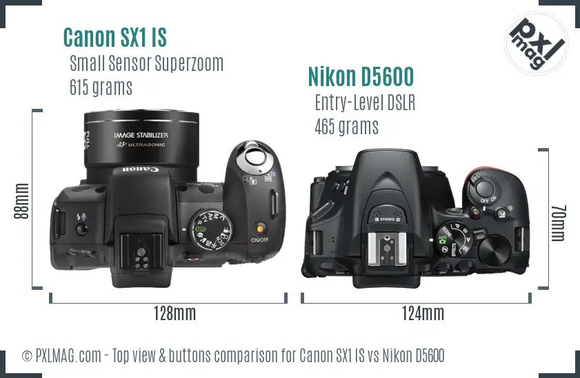 Canon SX1 IS vs Nikon D5600 top view buttons comparison