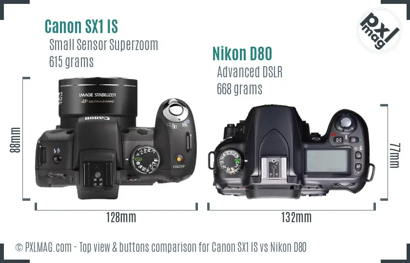 Canon SX1 IS vs Nikon D80 top view buttons comparison