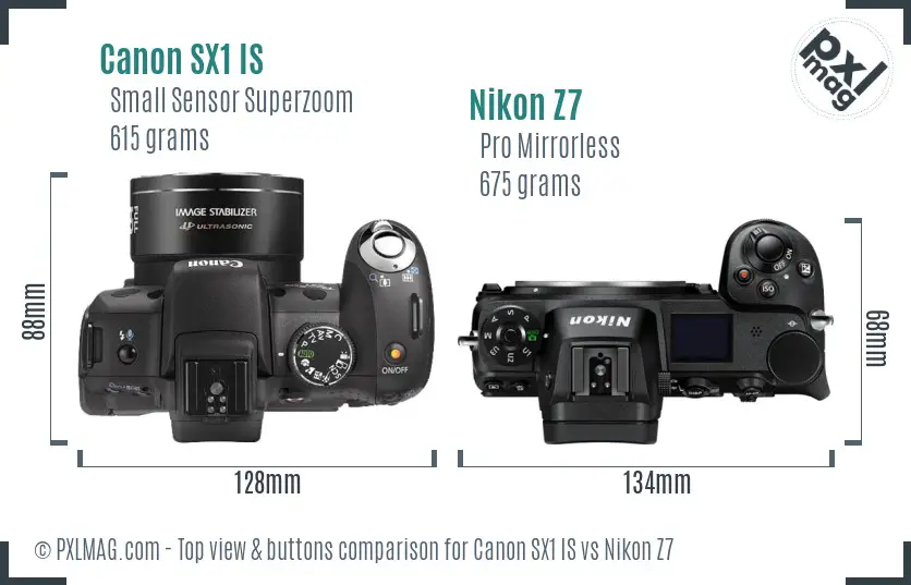 Canon SX1 IS vs Nikon Z7 top view buttons comparison