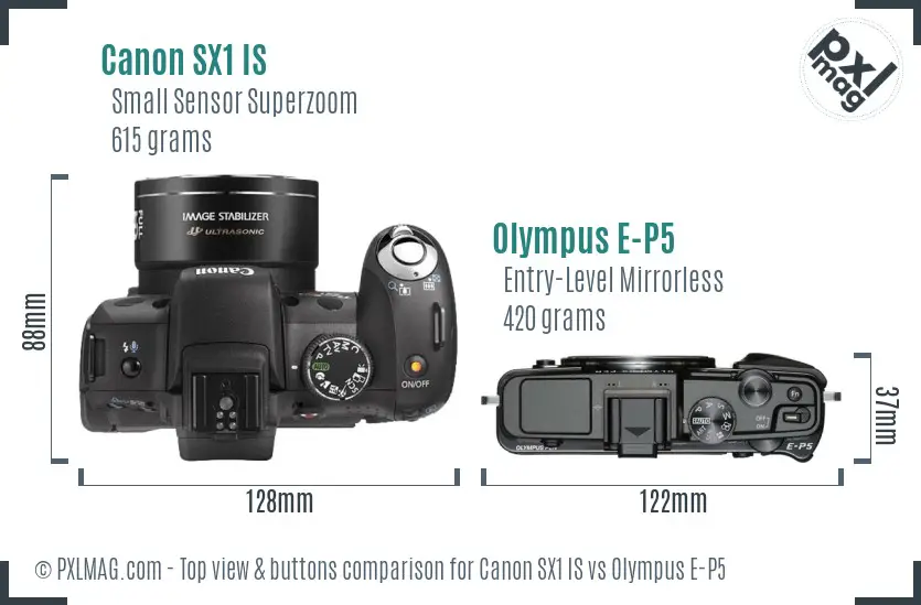 Canon SX1 IS vs Olympus E-P5 top view buttons comparison
