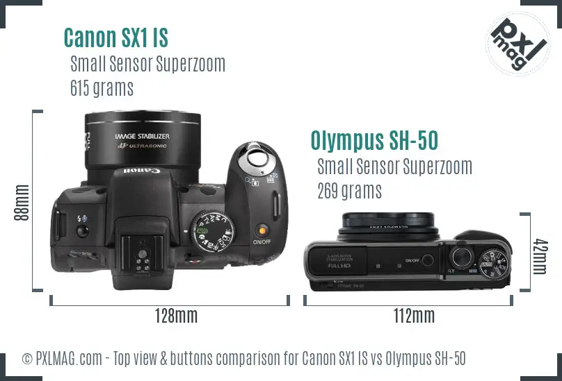 Canon SX1 IS vs Olympus SH-50 top view buttons comparison