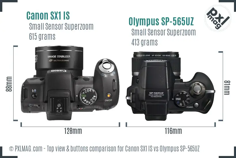 Canon SX1 IS vs Olympus SP-565UZ top view buttons comparison