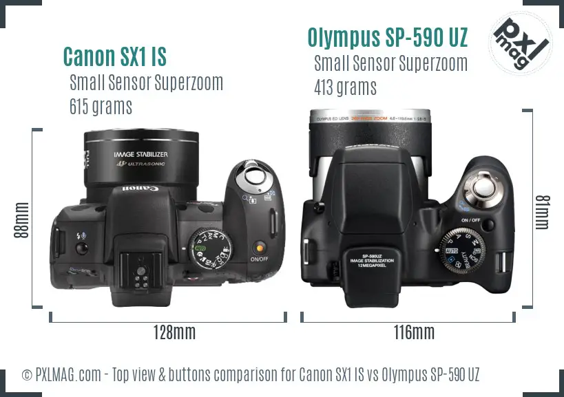 Canon SX1 IS vs Olympus SP-590 UZ top view buttons comparison