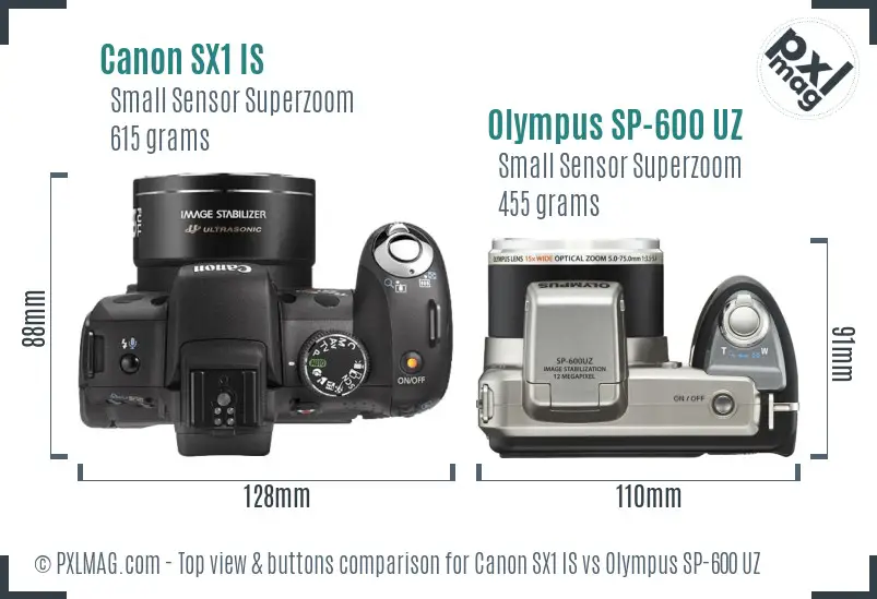 Canon SX1 IS vs Olympus SP-600 UZ top view buttons comparison