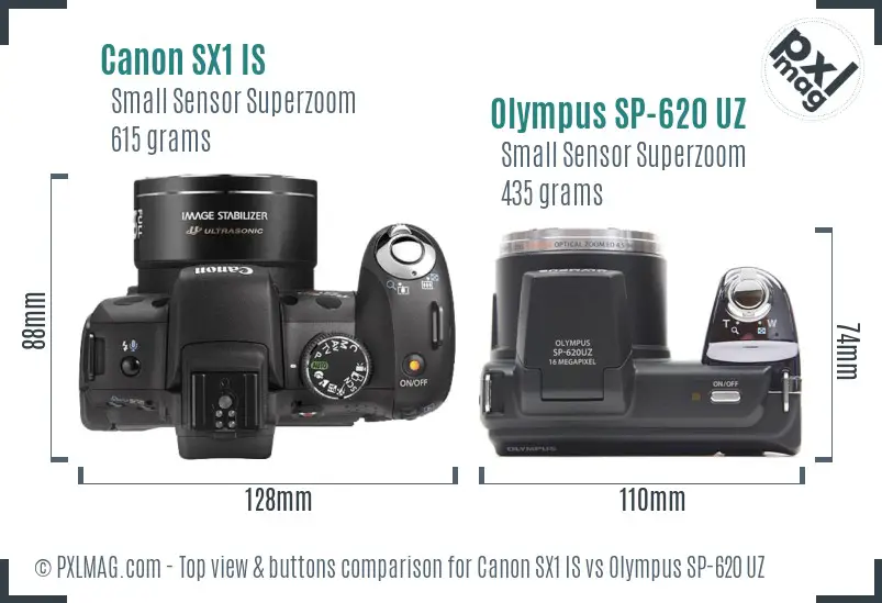 Canon SX1 IS vs Olympus SP-620 UZ top view buttons comparison