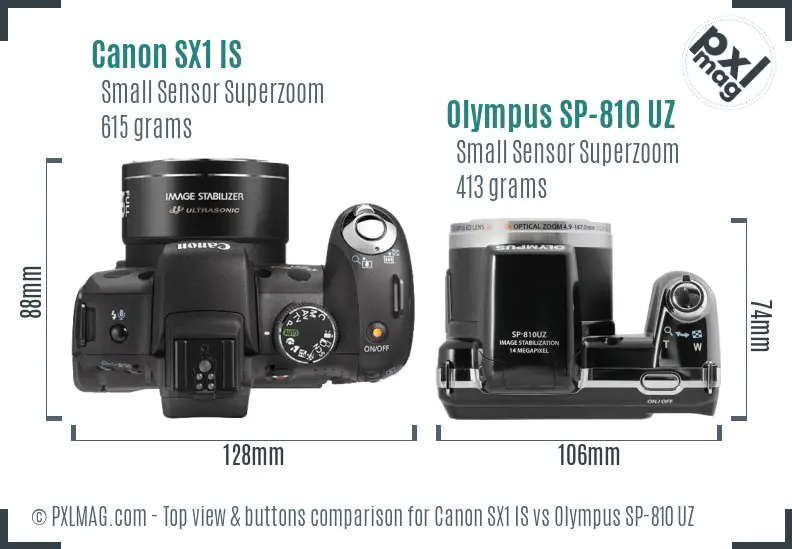 Canon SX1 IS vs Olympus SP-810 UZ top view buttons comparison