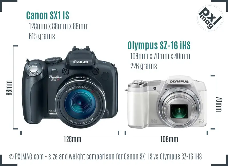 Canon SX1 IS vs Olympus SZ-16 iHS size comparison