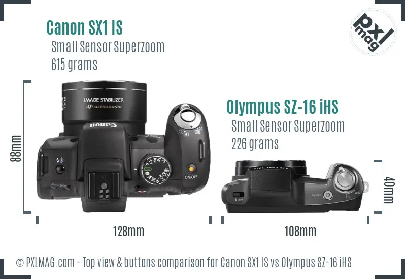 Canon SX1 IS vs Olympus SZ-16 iHS top view buttons comparison