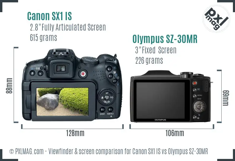 Canon SX1 IS vs Olympus SZ-30MR Screen and Viewfinder comparison