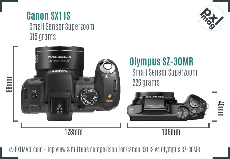 Canon SX1 IS vs Olympus SZ-30MR top view buttons comparison