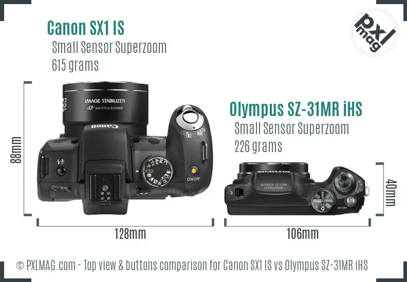 Canon SX1 IS vs Olympus SZ-31MR iHS top view buttons comparison